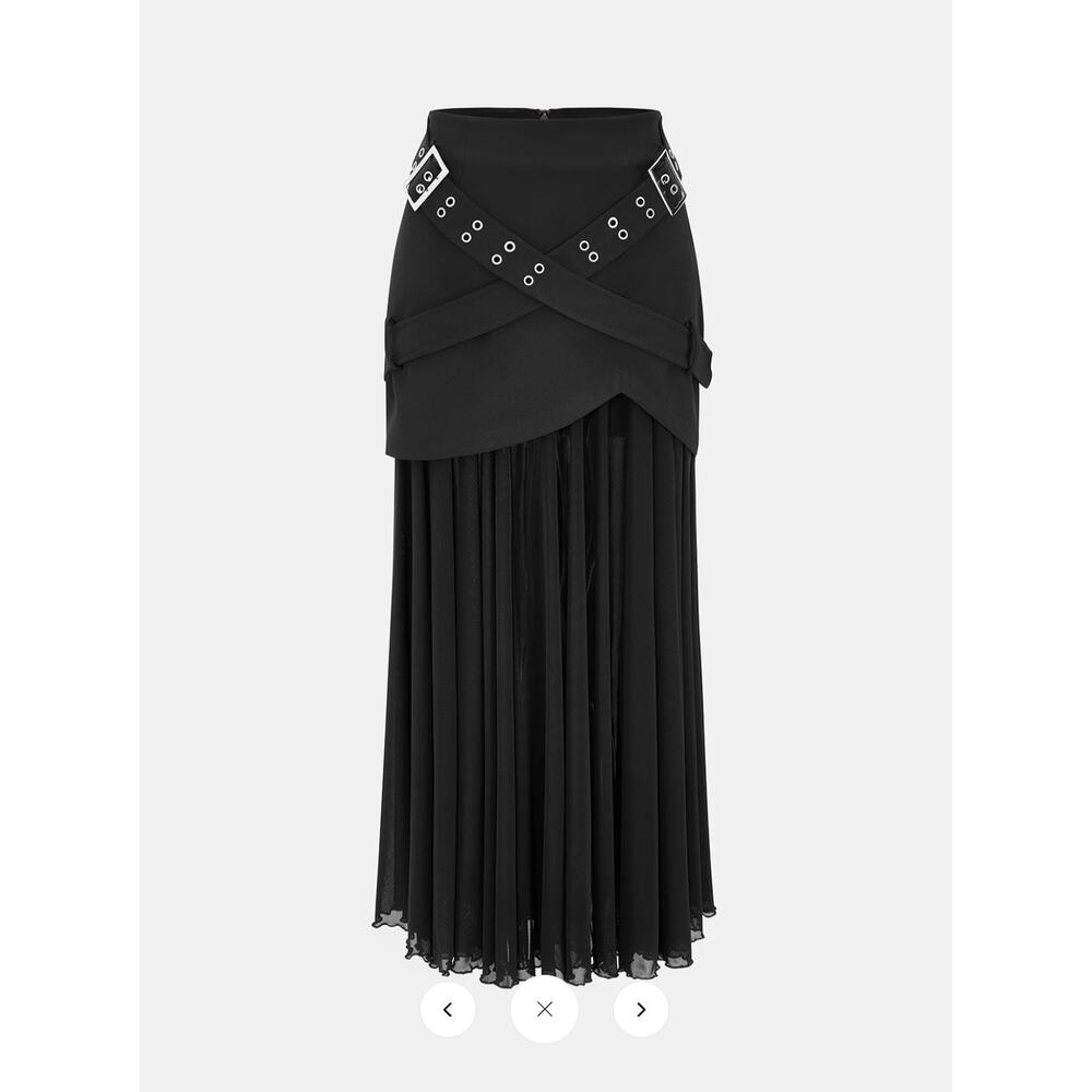 NWT Commense Belted Overlay Chiffon Pleated Asymmetrical Maxi Skirt Sz M